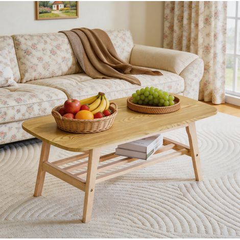 Table basse en bois avec rangement a 2 niveaux, structure robuste, pour salon, bureau, chambre, coloris bois (1/5)