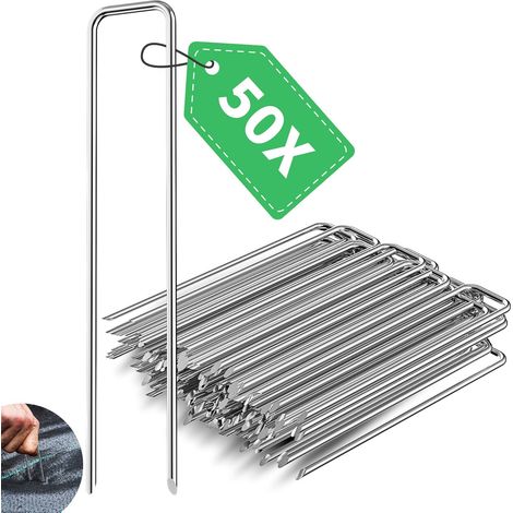 50x Piquets de Fixation en Acier Galvanisé, Long 150 mm Large 30 mm Ø 3 mm Anti-Rouille Sardines de Fixation pour Non-tissé de Mauvaises Herbes, Clôtures, Paillis, Gazon Artificiel (1/5)