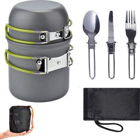 Batterie de cuisine de camping, ensemble de cuisine d'extérieur, casseroles et poêles antiadhésives, ustensiles de randonnée légers (1/4)