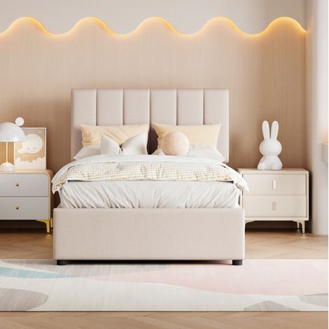 CHICFURN Cama canapé 90x200 beige de MDF, metal y lino, almacenaje hidráulico (1/5)