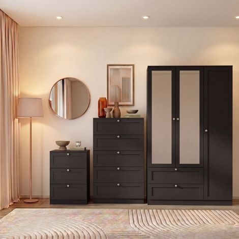 Altino 3 Piece Bedroom Set with 3 Drawer Bedside, 5 Drawer Chest, 3 Door 2 Drawer Wardrobe, Black (1/4)
