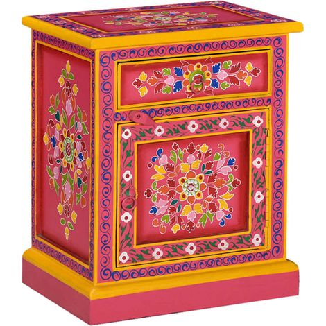 Table de chevet Bois de manguier massif Rose Peinture à la main (1/5)
