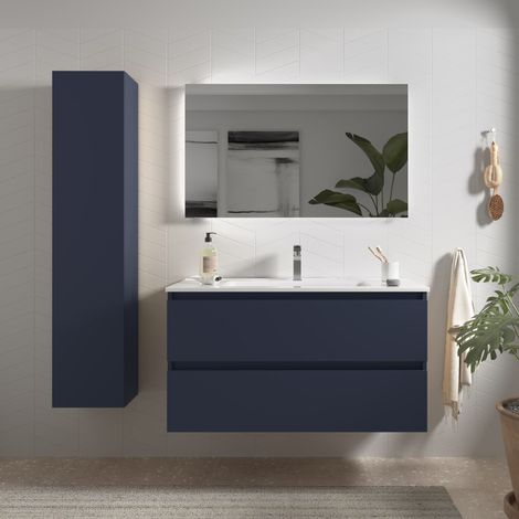 Cygnus Bath – Meuble de salle de bain 100cm – Vasque en porcelaine blanche – Tiroirs à fermeture amortie – MDF résistant à l'humidité – Bleu mat