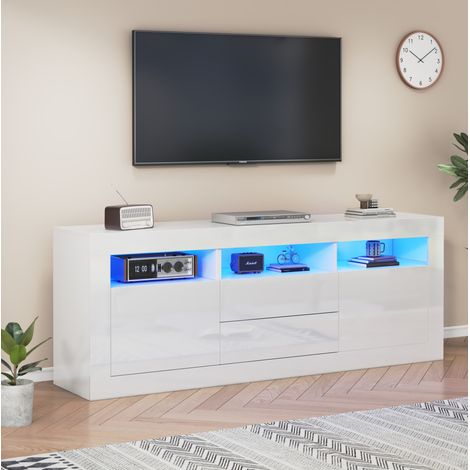 Mueble TV 160x35x60 cm de aglomerado blanco con LED para salón – MEUBLIV (1/5)