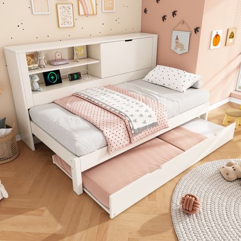 FLORAGRACE Lit banquette 90x200 cm avec lit gigogne 90x190, en bois blanc rangement, USB et USB-C, blanc (1/5)