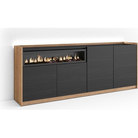 Skraut Home - Aparador para salón, Gran capacidad de almacenaje, 207x37x80cm, 4 Puertas, Chimenea eléctrica, LED, Estilo Moderno, Negro y roble (1/5)