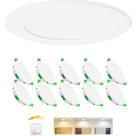 Spot LED Encastrable Dimmable Blanc - Spots de plafond extra plats - 6W, 2700K/4000K/6000K - Éclairage LED pour salle de bain, salon et cuisine, Ø 75-90mm