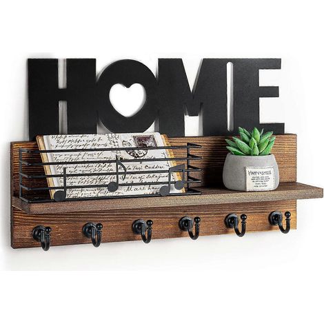 Porte-clés mural VIS&V, organisateur décoratif en bois pour courrier et clés avec panier de rangement et étagère, 2 compartiments, 6 crochets, marron (1/5)
