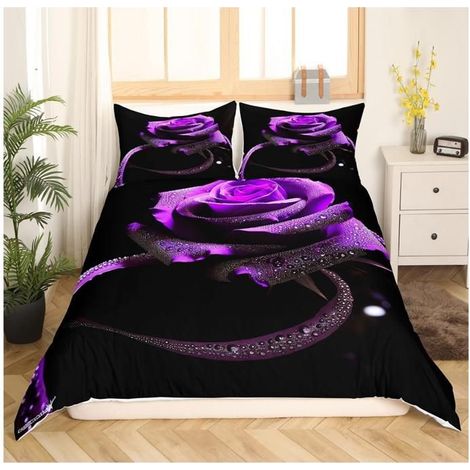 Fille 3D Roses Housse de Couette 140x200cm Femmes Chic imprimé Violet Parure de Lit Luxe Romantique Fleurbrille Sets Réversible- EJB (1/4)