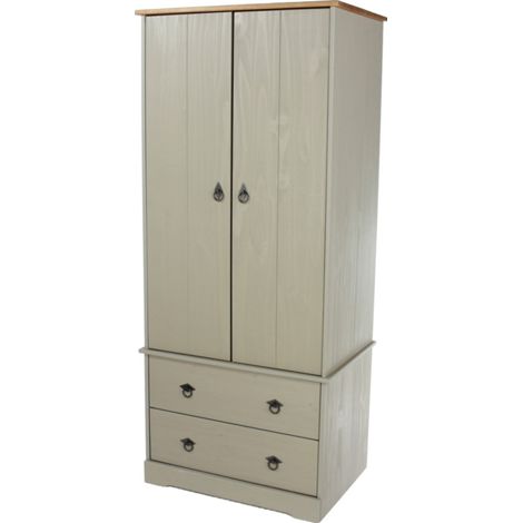 Wardrobe with 2 Doors and 2 Drawers - Pine - L51.8 x W75.7 x H176 cm - Grey - Screw/Nail&Dowel