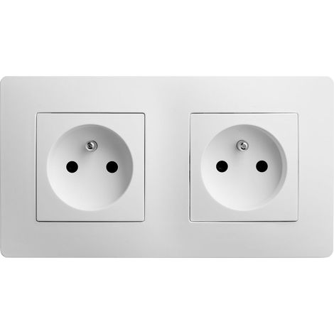 Prise Électrique 2P+T Double/2 postes Horizontaux - Prise Murale 16A avec Terre - Plastique - Installation Encastrée - Blanche - 156 x 85 x 39 mm (1/2)