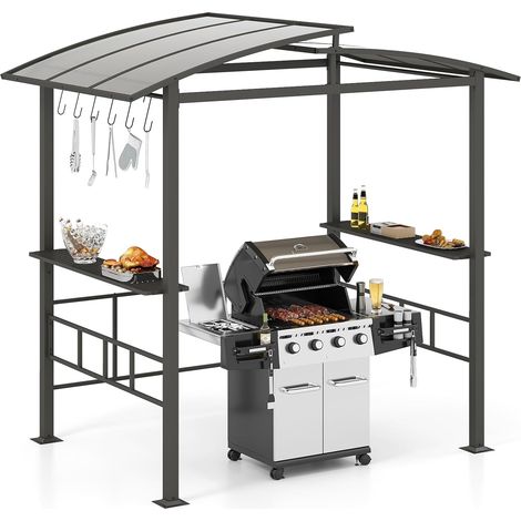 Abri Barbecue Exterieur  Tonnelle Barbecue Exterieur  Double Toit en Polycarbonate Anti-UV  Cadre en Métal  Étagères  Crochets  Pergola BBQ pour Jardin, Terrasse, Fête (1/5)