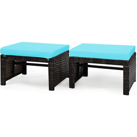 COSTWAY Set de 2 Otomanas en Ratán PE Reposapiés 2 en 1 de Exterior Resistentes a la Intemperie con Cojín Blando, 49 x 40 x 33 cm (Turquesa) (1/5)