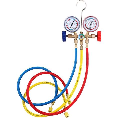 Klimaanlagen-Druckmanometer-Set mit Schläuchen und Haken für R12, R22, R404A und R134A