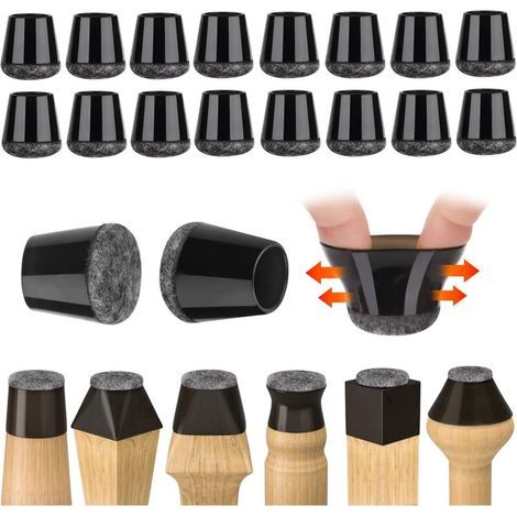 Protectores para patas de sillas (16 unidades), protectores de suelo de silicona negra con almohadillas de fieltro, silenciosos (14-23 mm) (1/4)