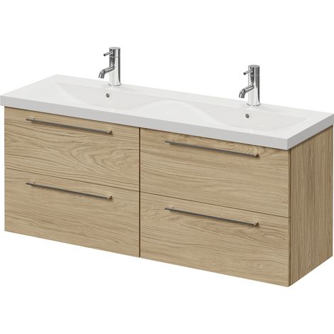Napoli 390 Light Oak 1200mm Wall Mounted 4 Drawer Vanity Unit with Double Glide Basins - 1200mm - Chrome 320mm Handle