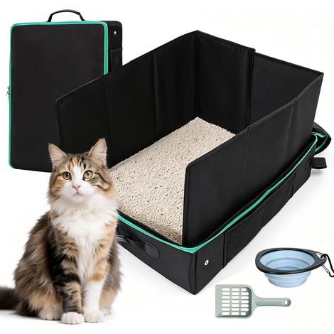 Portable Cat Litter Tray with Zipper Lid, Complete Kit with Scoop, Bowl and Bag, Waterproof Travel Litter Box 50x40x11 cm, for Cats up to 20 lbs, Ideal for Car, Camping (1/5)