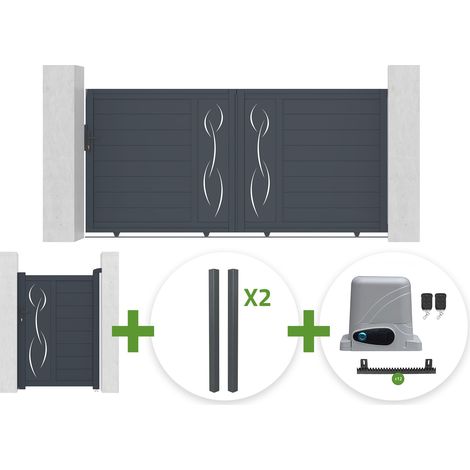 Portail coulissant 3m LIFE H.140cm gris + Portillon 1m LIFE H.140cm gris + 4 poteaux ELDA + motorisation Ranger C300 (1/5)