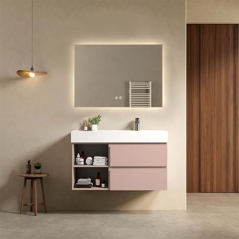 Mobile bagno sospeso 100 cm Rosa Retro Lavabo a Destra in Resina Specchio Quadro Retroilluminato - Fiji Paint Plus (1/4)
