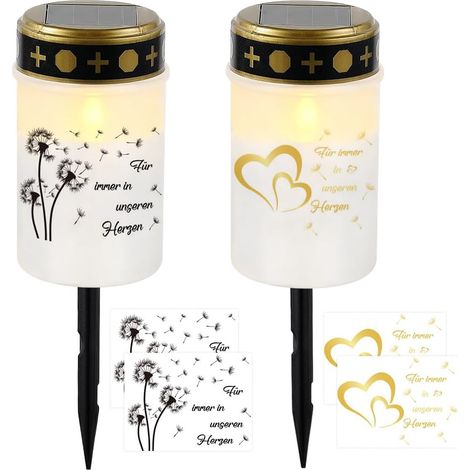 Lot de 2 lampes funéraires solaires avec 2 piquets et 4 autocollants, Lampe funéraire LED IP44 résistante aux intempéries pour extérieur, lampes solaires funéraires, bougies LED pour cimetière (1/5)