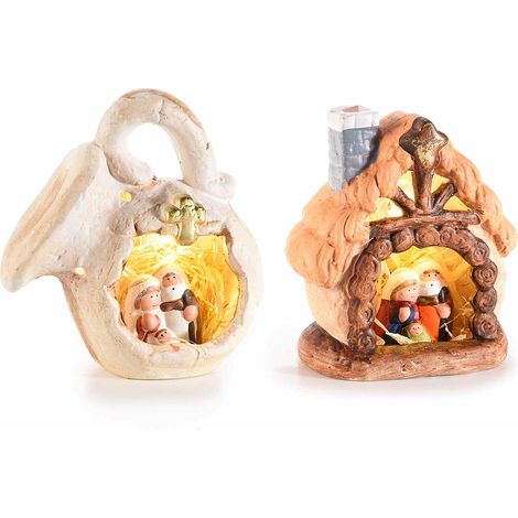Presepe luminoso in terracotta colorata con Sacra Famiglia e luce led bianco caldo, set da 4 pezzi, cm 15 x 8 x 16 H