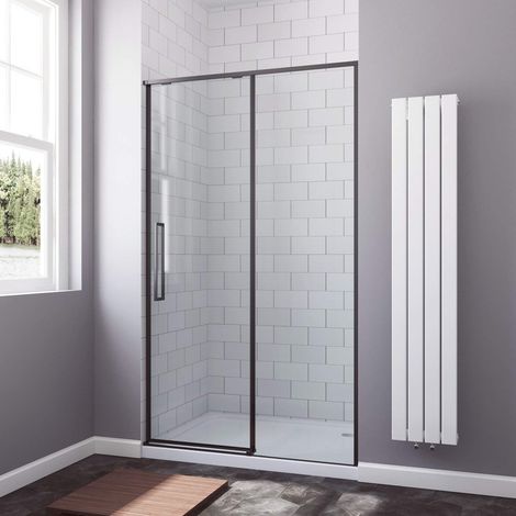 120 x 195 cm Duschabtrennung Duschwand Glas Schiebetür Dusche Duschtür Nischenschiebetür Schiebeglastür schwarz matt Rahmen 8 mm Klarglas mit Nanobeschichtung (1/5)