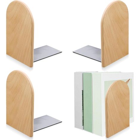 Lot de 4 serre-livres avec tête ronde en hêtre - 13 x 10,5 x 8 cm - Serre-livres en bois avec coussinets en caoutchouc antidérapants - Serre-livres amovibles et pieds en métal - Pour la maison, le (1/5)