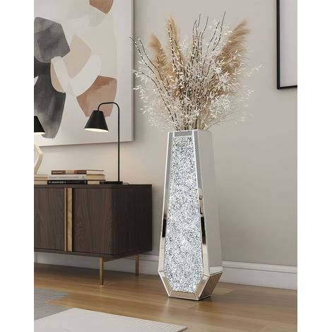 Unho – Vase décoratif en verre cristal argenté 68cm – Diamants concassés – Pour fleurs séchées – Décoration contemporaine salon chambre bureau