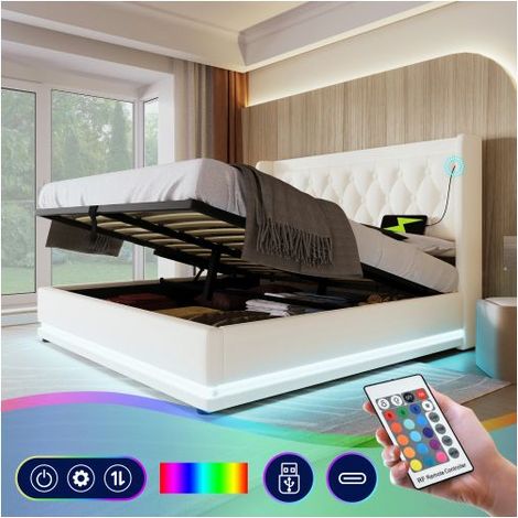 Lit Coffre 140x200 avec LED, Lit double en simili cuir blanc, tête de lit avec ports USB/Type-C et sommier relevable hydraulique (1/5)