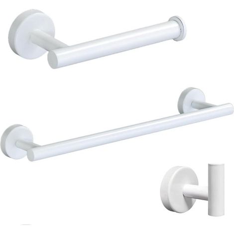 Set of 3 wall-mounted towel racks in white stainless steel, toilet paper holder and hooks (1/5)