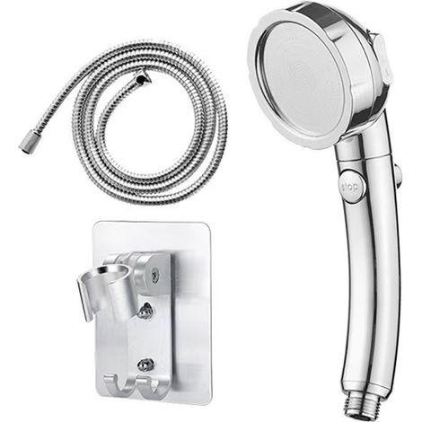 Cabezal de ducha de mano de alta presión sin taladro con interruptor de pausa de encendido/apagado, 3 patrones de rociado, cabezal de ducha (níquel cepillado) + soporte + manguera (1/5)
