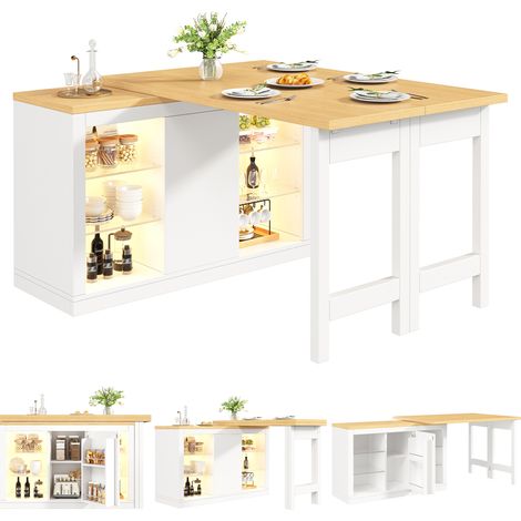 Îlot cuisine extensible 120-197 cm blanc LED RGB rotatif 360° portes magnétiques étagères verre 60 kg (1/5)