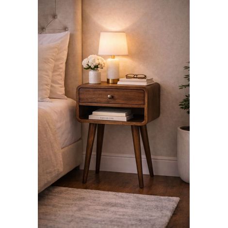 Mesita de noche nórdica de madera maciza marrón con 1 cajón y 1 estante abierto