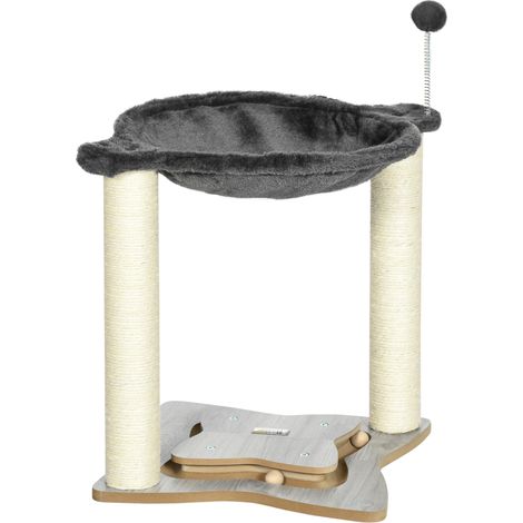 easycomfort tiragraffi per gatti con amaca in peluche, base in legno con gioco e pali in sisal, 53.55x53.5x66cm, grigio (1/5)