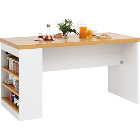 CHICFURN Isla de cocina con LED y enchufe 155x80x90 cm, mueble auxiliar de cocina con 3 estantes abiertos, encimera de 40 mm, 2 AC + 2 USB, blanca (1/5)