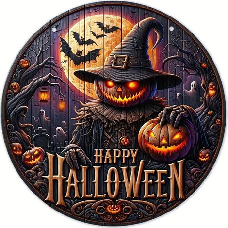 20 cm großer Türhänger für Halloween, runder Acrylkranz mit Kürbisgeistern, für die Außendekoration. (1/5)