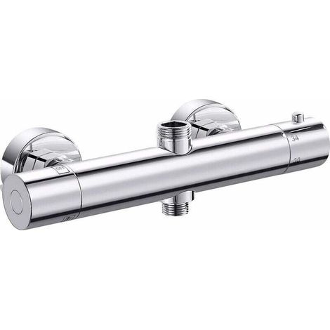 Mitigeur thermostatique de douche,Robinet de douche thermostatique cylindrique à double sortie,Supérieur G3/4 BSP (26,4 mm) + Inférieur G1/2 BSP (21 mm), argent (1/4)