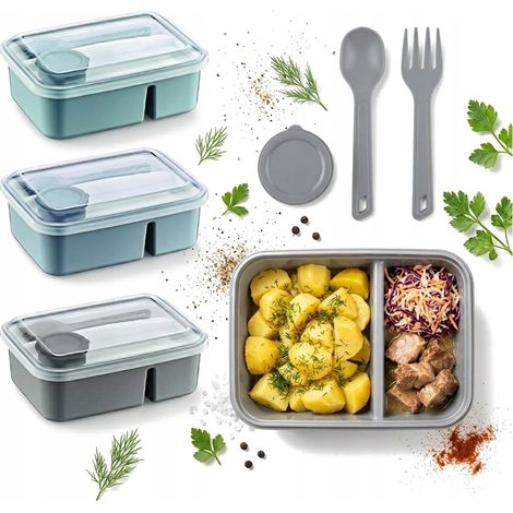 Rechteckige Lunchbox mit Fächern, 920 ml + Besteck + Soßenbehälter (1/5)