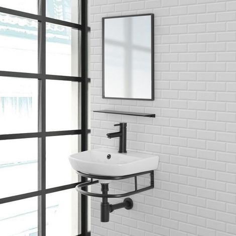 Bagno Italia Mobile bagno in metallo nero con lavabo 45×36 cm specchio e mensola (1/2)