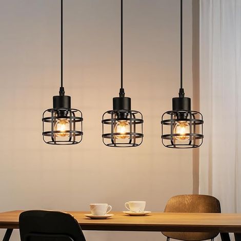 GBLY Lámpara Suspensión Vintage 3 Bombillas Metal E14 Negra Regulable en Altura Para Sala Comedor Sin Bombilla