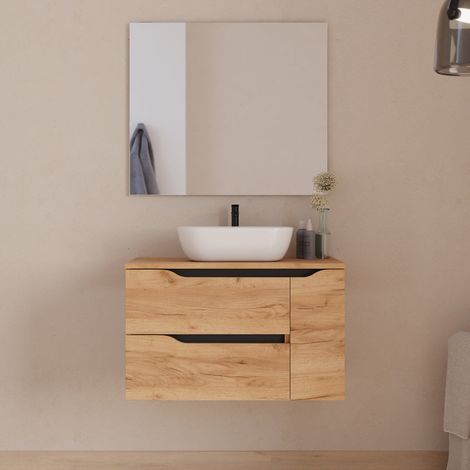 Meuble de salle de bain 80cm avec plateau, vasque à poser centrée Zeus et miroir - 2 tiroirs et un placard - roble (chêne clair) - ZARZA