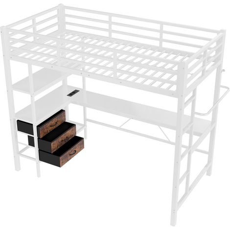 Letto a soppalco 90 x 200 cm bianco con scrivania, LED, USB, 3 cassetti, mensole e scala (1/5)
