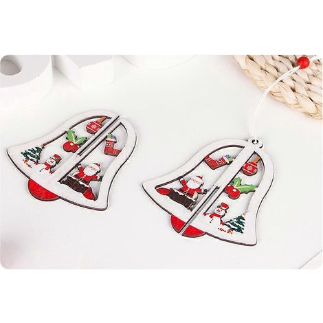 Lot de 4 décorations de Noël 3D en bois à suspendre, en forme de cloche et d'étoile, pour sapin. (1/4)
