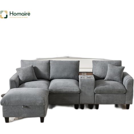 Canapé en velours côtelé gris avec accoudoirs et port USB 229 x 149,5 x 83 cm HOMAIRE (1/5)