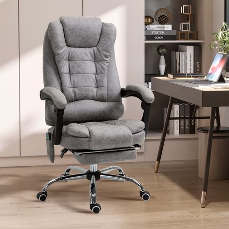 Sillón ejecutivo de oficina con función de masaje, calefacción, altura regulable, respaldo reclinable y tapizado en tela de microfibra gris.
