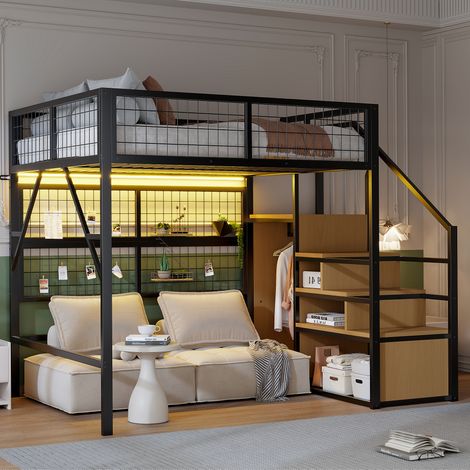 Lit superposé métallique 140x200 cm, noir, avec échelle de rangement, armoire ouverte, bande LED pilotée par appli, pour enfant et ado.