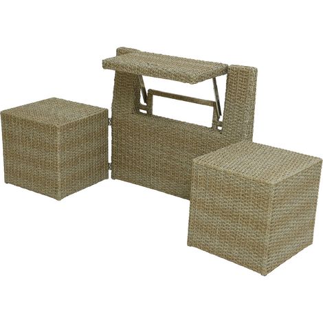 Ensemble de balcon table et poufs en résine tressée – 2 places – Dimensions dépliées 180 x 54,5 x 80 cm – Salon de jardin détente – Jardideco (1/3)
