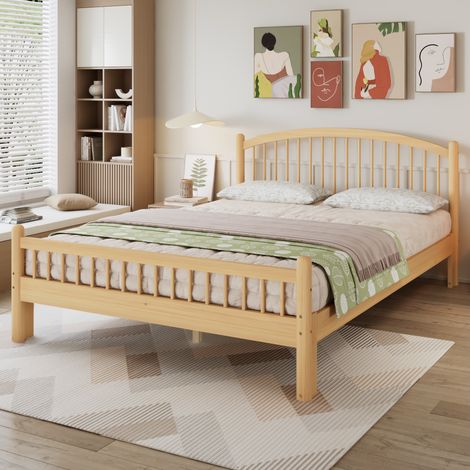Lit Double 140x200 cm en Bois Massif de Pin Naturel - Cadre de Lit Minimaliste avec Sommier à Lattes et Tête de Lit à Barreaux Design Scandinave (1/5)