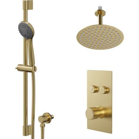 Colore Round Brushed Brass Concealed Push Button Shower Valve and 200mm Thin Round Fixed Head with 150mm Ceiling Arm and Round Slide Rail Kit with Round Elbow - 2 Outlet (1/5)