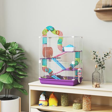 Cage hamster 4 étages violette 46 x 30 x 58 cm pour rongeurs, tunnels, gamelle, roue, cabane et échelles incluses (1/5)